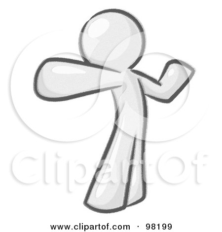 Royalty-Free (RF) Clipart Illustration of a Sketched Design Mascot Man Stretching His Arms And Back Or Punching The Air by Leo Blanchette