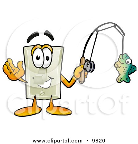 Clipart Picture of a Light Switch Mascot Cartoon Character Holding a Fish on a Fishing Pole by Mascot Junction