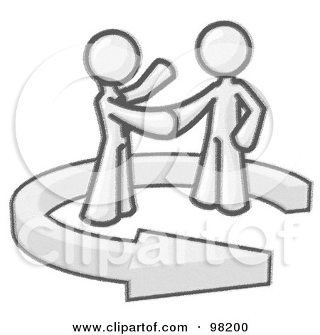 Royalty-Free (RF) Clipart Illustration of a Sketched Design Mascot Making A Deal With A Client While Standing In The Center Of An Arrow Circling Around Them by Leo Blanchette