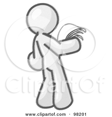 Royalty-Free (RF) Clipart Illustration of a Sketched Design Mascot Man Holding Papers And Documents In His Hands And Reading Them by Leo Blanchette