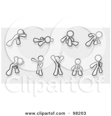 Royalty-Free (RF) Clipart Illustration of a Sketched Design Mascot Man Doing 9 Different Exercises And Stretches In A Fitness Gym by Leo Blanchette