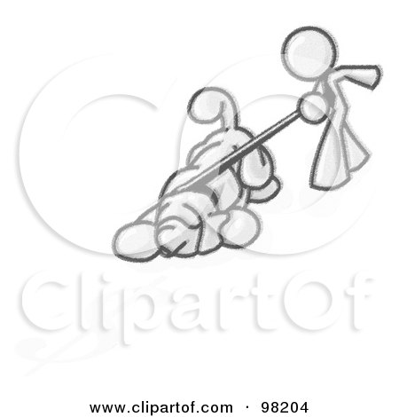 Royalty-Free (RF) Clipart Illustration of a  Sketched Design Mascot Man Walking A Hound Dog That Is Pulling On The Leash To Sniff A Shadow Of A Dollar Symbol by Leo Blanchette