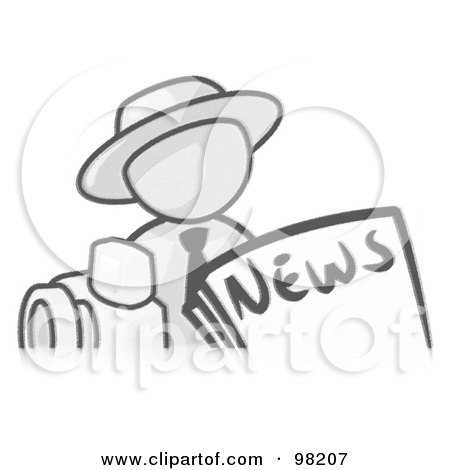 Royalty-Free (RF) Clipart Illustration of a Sketched Design Mascot Man Wearing A Hat, Posed In Front Of The News And A Camera by Leo Blanchette