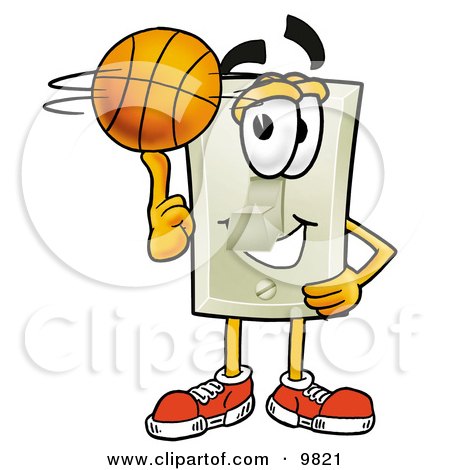 Clipart Picture of a Light Switch Mascot Cartoon Character Spinning a Basketball on His Finger by Mascot Junction