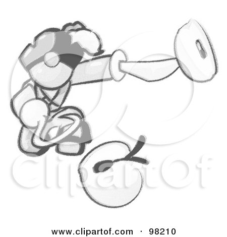 Royalty-Free (RF) Clipart Illustration of a Sketched Design Mascot Man Pirate With A Hook Hand, Holding A Sliced Apple On A Sword by Leo Blanchette
