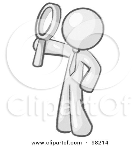 Royalty-Free (RF) Clipart Illustration of a Sketched Design Mascot Man Holding Up A Magnifying Glass And Peering Through It While Investigating Or Researching Something by Leo Blanchette