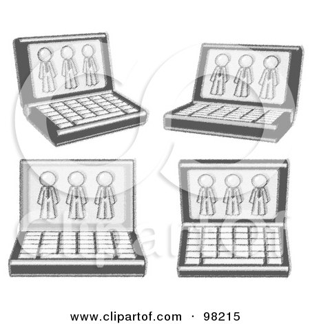 Royalty-Free (RF) Clipart Illustration of Sketched Design Laptop Computers With Three Gray Men On Each Screen by Leo Blanchette