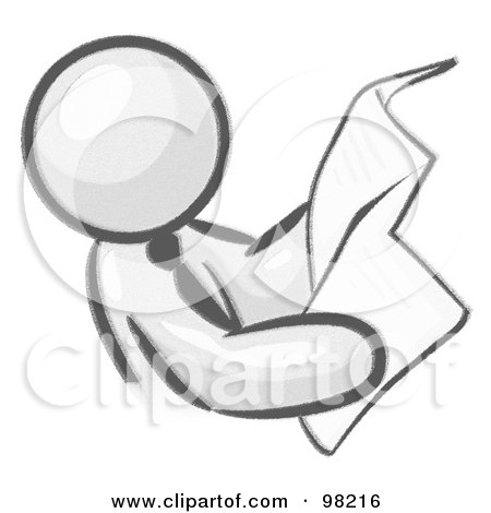 Royalty-Free (RF) Clipart Illustration of a Sketched Design Mascot Man Wearing A Tie, Leaning Back And Reading The Daily News In A Newspaper by Leo Blanchette