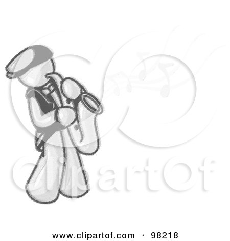 Royalty-Free (RF) Clipart Illustration of a Sketched Design Mascot Man Playing Jazz With A Golden Saxophone, Music Notes Floating In The Air by Leo Blanchette
