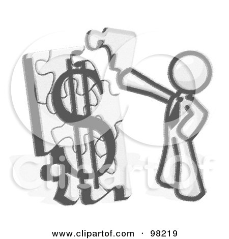 Royalty-Free (RF) Clipart Illustration of a Sketched Design Mascot Man Putting A Dollar Sign Puzzle Together by Leo Blanchette
