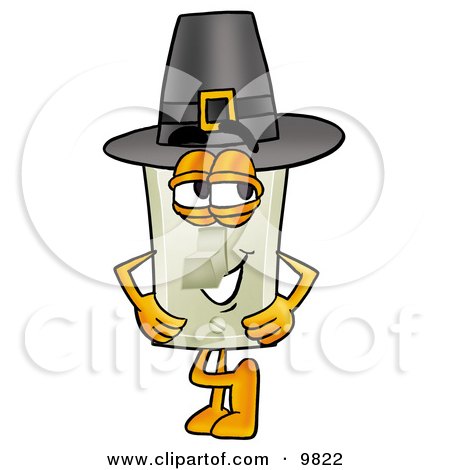Clipart Picture of a Light Switch Mascot Cartoon Character Wearing a Pilgrim Hat on Thanksgiving by Mascot Junction