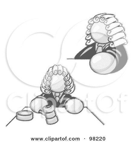 Royalty-Free (RF) Clipart Illustration of a Sketched Design Mascot Judge Man Wearing A Wig In Court by Leo Blanchette