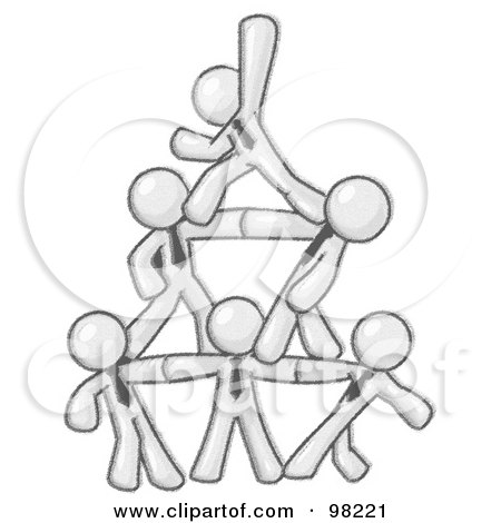 Royalty-Free (RF) Clipart Illustration of Sketched Design Mascot Businessmen Piling Up To Form A Pyramid by Leo Blanchette