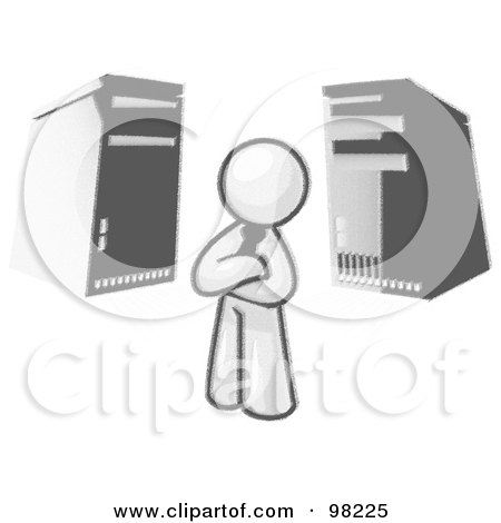 Royalty-Free (RF) Clipart Illustration of a Sketched Design Mascot Businessman Character Standing In Front Of Server Towers by Leo Blanchette
