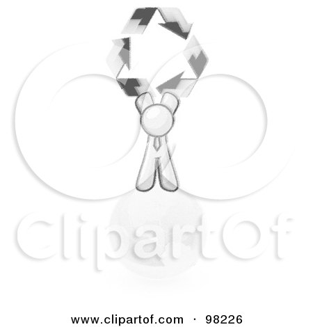 Royalty-Free (RF) Clipart Illustration of a Sketched Design Mascot Man Standing On Top Of The Earth And Holding Up Recycle Arrows by Leo Blanchette