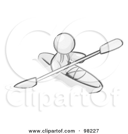 Royalty-Free (RF) Clipart Illustration of a Sketched Design Mascot Man Paddling Down A River In A Kayak by Leo Blanchette