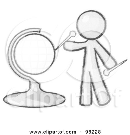 Royalty-Free (RF) Clipart Illustration of a Sketched Design Mascot Man Inserting Pins On A Globe by Leo Blanchette