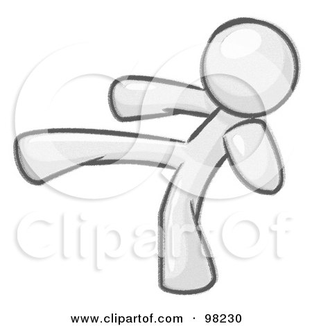 Royalty-Free (RF) Clipart Illustration of a Sketched Design Mascot Man Kicking, Perhaps While Kickboxing by Leo Blanchette