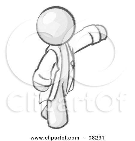 Royalty-Free (RF) Clipart Illustration of a Sketched Design Mascot Scientist, Veterinarian Or Doctor Man Waving And Wearing A Lab Coat by Leo Blanchette