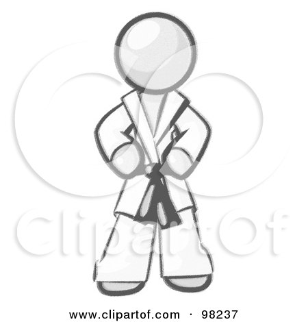 Royalty-Free (RF) Clipart Illustration of a Sketched Design Mascot Man In A White Karate Suit And A Black Belt by Leo Blanchette