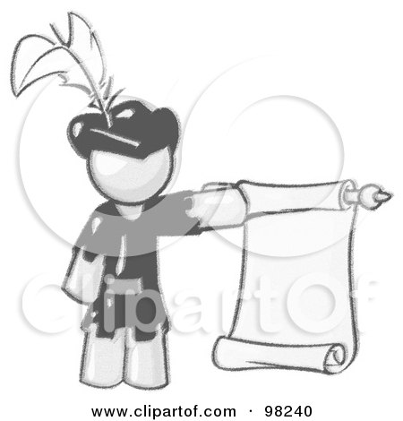 Royalty-Free (RF) Clipart Illustration of a Sketched Design Mascot Man Dressed As Robin Hood With A Feather In His Hat, Holding A Blank Scroll And Acting As A Pageboy by Leo Blanchette