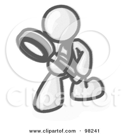 Royalty-Free (RF) Clipart Illustration of a Sketched Design Mascot Man Bending Over To Inspect Something Through A Magnifying Glass by Leo Blanchette