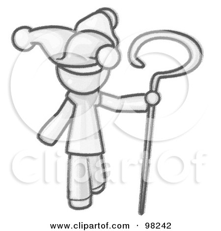 Royalty-Free (RF) Clipart Illustration of a Sketched Design Mascot Man In A Jester Costume, Holding A Staff by Leo Blanchette