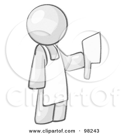 Royalty-Free (RF) Clipart Illustration of a Sketched Design Mascot Man Butcher Holding A Meat Cleaver Knife by Leo Blanchette