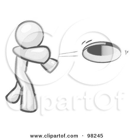 Royalty-Free (RF) Clipart Illustration of a Sketched Design Mascot Man Tossing A Red Flying Disc Through The Air For Someone To Catch by Leo Blanchette
