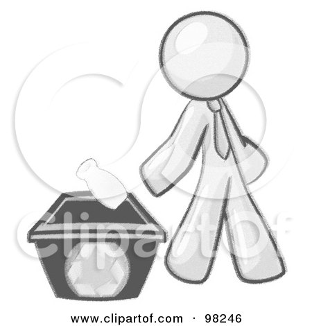 Royalty-Free (RF) Clipart Illustration of a Sketched Design Mascot Man Tossing A Plastic Container Into A Recycle Bin by Leo Blanchette
