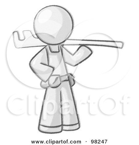 Royalty-Free (RF) Clipart Illustration of a Sketched Design Mascot Man Plumber With A Tool by Leo Blanchette