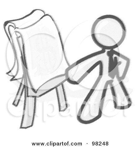 Royalty-Free (RF) Clipart Illustration of a Sketched Design Mascot Man Standing By A Dollar Sign Puzzle On A Presentation Board During A Meeting by Leo Blanchette
