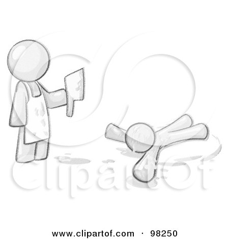 Royalty-Free (RF) Clipart Illustration of a Sketched Design Mascot Man Killer Holding A Cleaver Knife Over A Bloody Body by Leo Blanchette