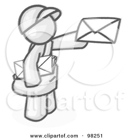 Royalty-Free (RF) Clipart Illustration of a Sketched Design Mascot Man Delivering A Letter While Working His Route by Leo Blanchette