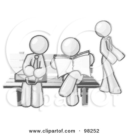 Royalty-Free (RF) Clipart Illustration of Sketched Design Mascots Waiting At A Bench At A Bus Stop by Leo Blanchette