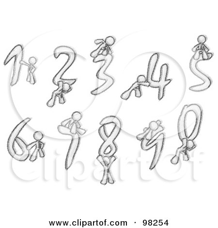 Royalty-Free (RF) Clipart Illustration of Sketched Design Mascot Men With Numbers 0-9 by Leo Blanchette