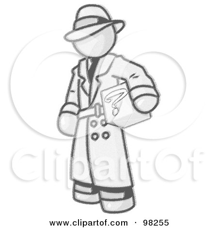 Royalty-Free (RF) Clipart Illustration of a Sketched Design Mascot Man In A Trench Coat And Hat, Carrying A Secret Box by Leo Blanchette