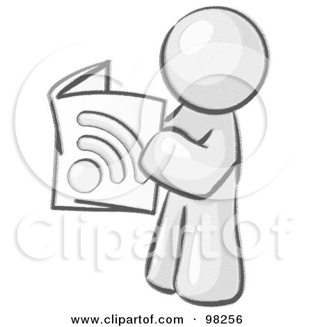 Royalty-Free (RF) Clipart Illustration of a Sketched Design Mascot Man Standing And Reading An Rss Magazine by Leo Blanchette