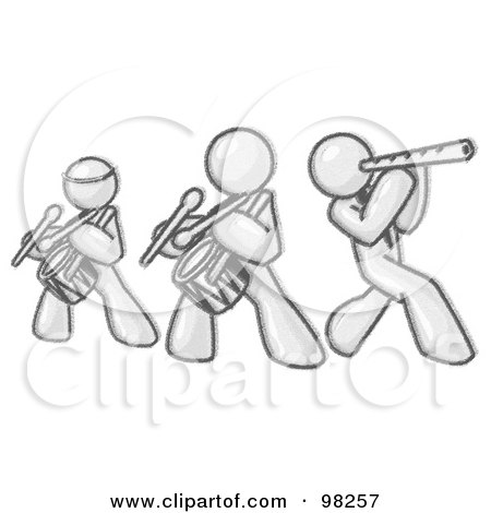 Royalty-Free (RF) Clipart Illustration of a Sketched Design Mascot Music Band Formed Of Three Men Playing A Flute And Drums by Leo Blanchette