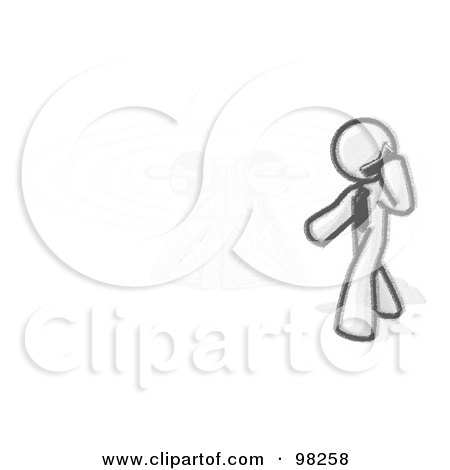 Royalty-Free (RF) Clipart Illustration of a Sketched Design Mascot Businessman Walking By A Communications Tower While Talking On A Cellular Telephone by Leo Blanchette