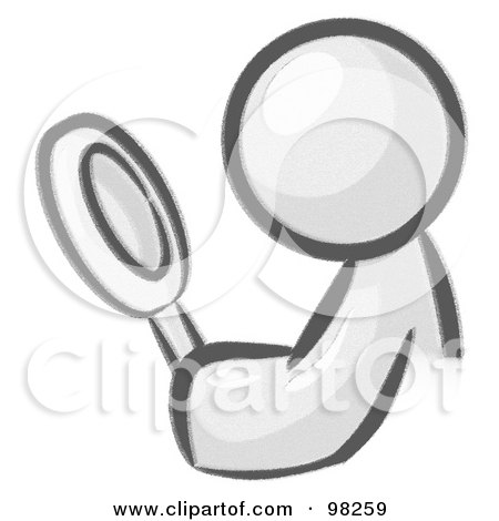 Royalty-Free (RF) Clipart Illustration of a  Sketched Design Mascot Man Inspecting Something Through A Magnifying Glass by Leo Blanchette