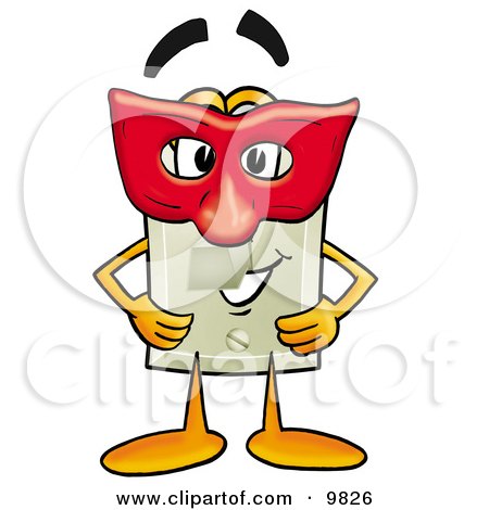 Clipart Picture of a Light Switch Mascot Cartoon Character Wearing a Red Mask Over His Face by Mascot Junction