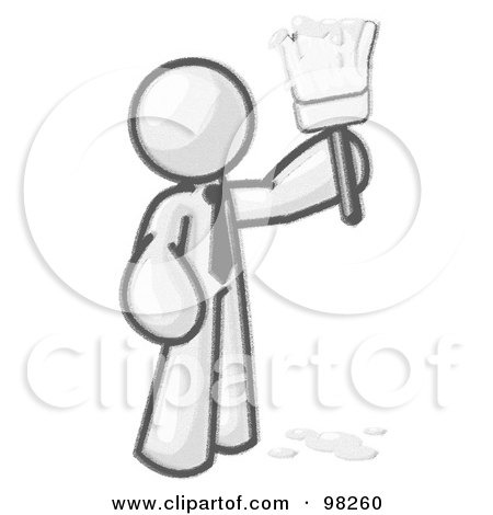 Royalty-Free (RF) Clipart Illustration of a Sketched Design Mascot Man Painter Holding A Dripping Paint Brush by Leo Blanchette