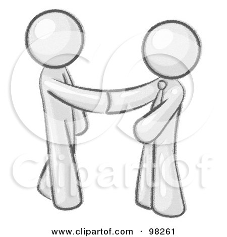 Royalty-Free (RF) Clipart Illustration of a Sketched Design Mascot Man Wearing A Tie, Shaking Hands With Another Upon Agreement Of A Business Deal by Leo Blanchette