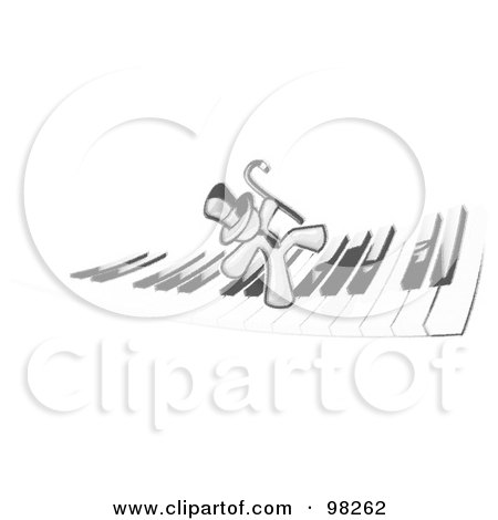 Royalty-Free (RF) Clipart Illustration of a Sketched Design Mascot Man Character Dancing And Walking On A Piano Keyboard by Leo Blanchette