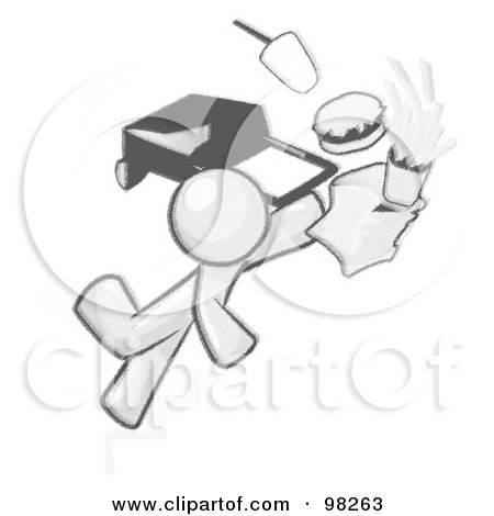 Royalty-Free (RF) Clipart Illustration of a Sketched Design Mascot Man Tripping On Stairs, With Fast Food And A Rolling Briefcase Flying by Leo Blanchette