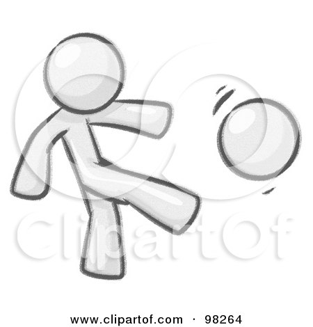 Royalty-Free (RF) Clipart Illustration of a Sketched Design Mascot Man Kicking A Ball Really Hard While Playing A Game by Leo Blanchette