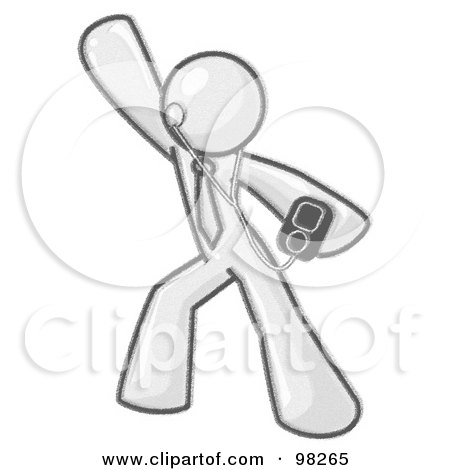 Royalty-Free (RF) Clipart Illustration of a Sketched Design Mascot Man Dancing While Listening To Music With An Mp3 Player by Leo Blanchette