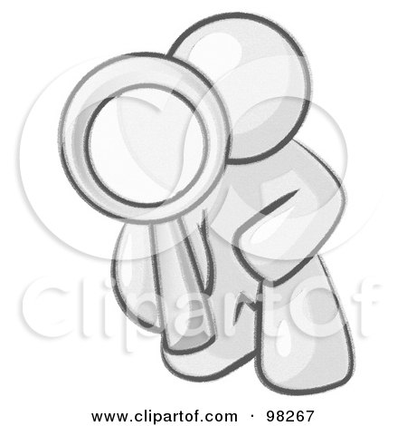 Royalty-Free (RF) Clipart Illustration of a Sketched Design Mascot Man Kneeling On One Knee To Look Closer At Something While Inspecting Or Investigating by Leo Blanchette