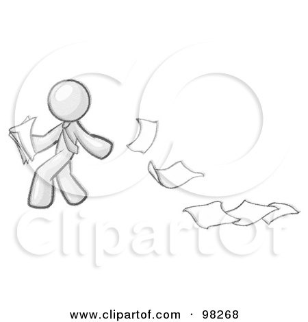 Royalty-Free (RF) Clipart Illustration of a Sketched Design Mascot Man Dropping White Sheets Of Paper On A Ground And Leaving A Paper Trail by Leo Blanchette